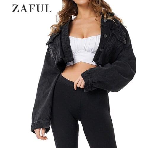 ZAFUL Women Solid Jean Jacket Frayed Distressed Cropped Denim Jacket Casual Coats Female Outwear Clothing 2020 Autumn