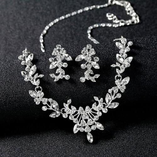 Women Wedding Party Rhinestone Shiny Floral Necklace Earrings Jewelry Set Gift
