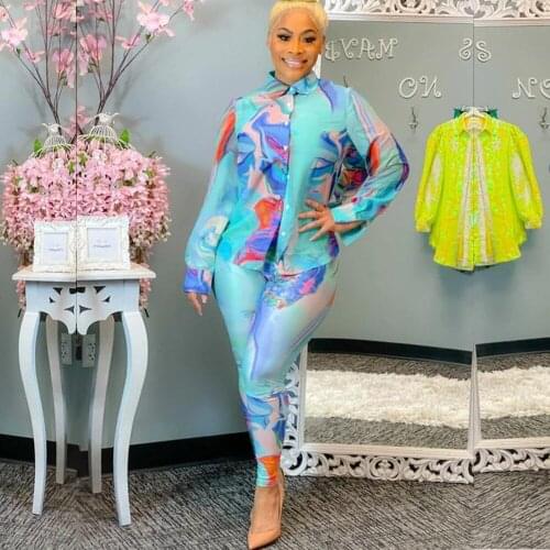 Two Piece Matching Set Womens Wear Long Sleeve Shirt Top And Pencil Pants Sexy Fashion Digital Print Office Lady Tracksuit