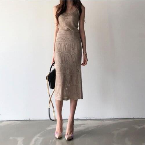 LLZACOOSH Summer New Knitted Vest Skirt Two Piece Set Women Elegant Hollow Out Sleeveless Tops + Long Skirt Knitted Suits