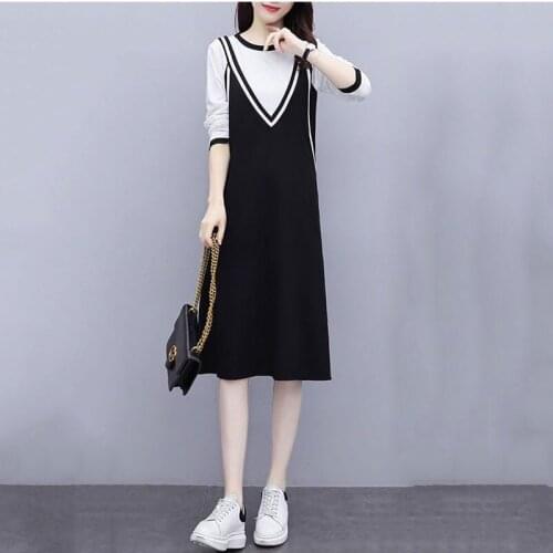 Oversized L-5XL Women Fake-Two-Piece Midi Dress Autumn Long Sleeve Elegant Patchwork O-Neck Dress Mujer Harajuku Casual Dress