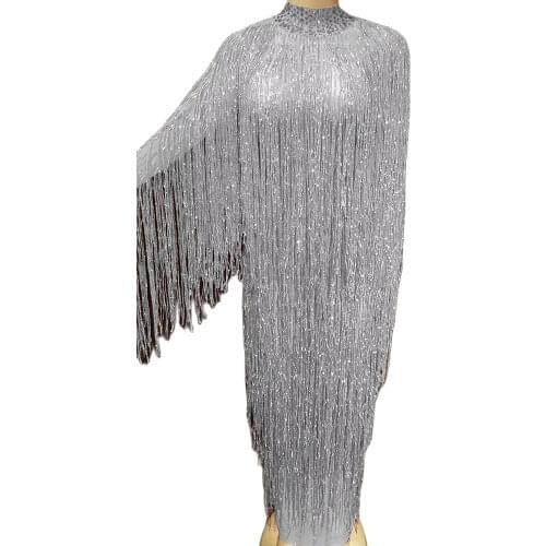 Shining Tassel Women Dress Mesh Perspective Glistening Rhinestones Long Sleeve Dress Nightclub Party Show Performance Stage Wear