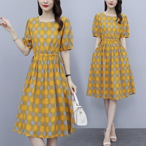 Mid-Length Dress Female 2021 Summer Fashion New Cotton Linen Drawstring Waist Was Thin Round Neck Plaid Dress Plus Size womens
