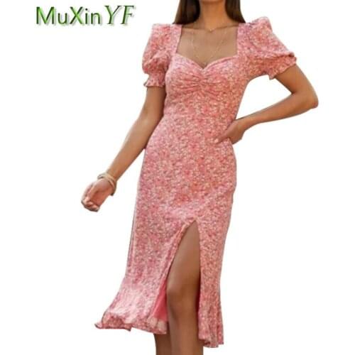 2021 Summer Women Bohemian Print Split Dress Lady Graceful Short Puff Sleeve Backless Dresses Beach Travel Pink Clothing Female