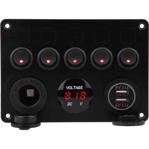 12-24V Dual USB Socket Charger LED Voltmeter 12V Power Outlet 5 Gang ON-OFF Toggle Switch Panel for Car Boat Marine RV Truck