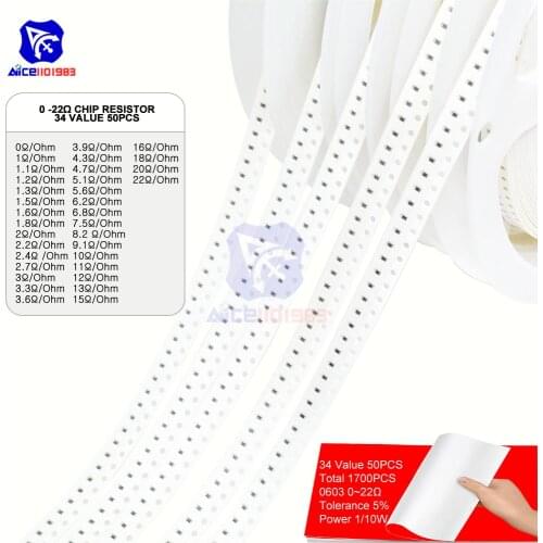 1700PCS/Lot 34 Value 50PCS 0603 Chip SMD Resistor 0R -10MΩ/Ohm 5% 1/10W 0.5W Chip Resistance Assorted Set Chip Fixed Resistor
