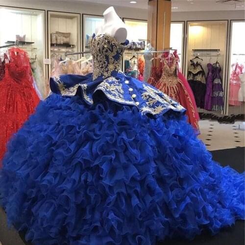 2021 Stunning Ball Gown Quinceanera Dresses Royal Blue And Gold Beaded Embroidered Organza Ruffle Tiered Princess Sweet 16 Dress
