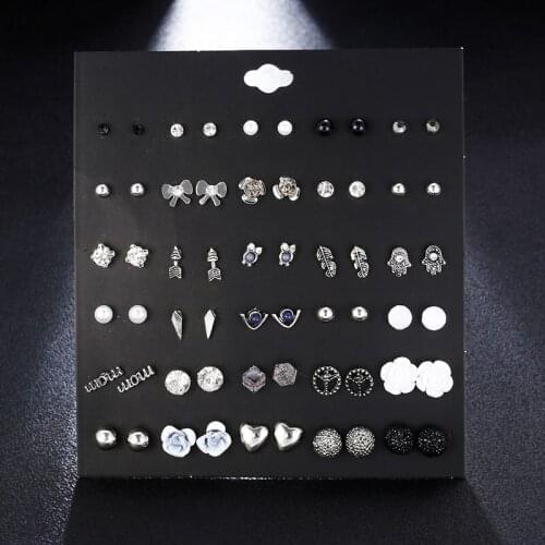 30Pairs Gothic Heart Alloy Resin Flower Stud Earrings For Women Jewelry Antique Silver Color Stud Earrings Sets