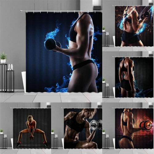 African American Women Shower Curtains Sexy Girls Fitness Sport Blue Flame Theme Waterproof Curtain Home Bathroom Wall Decor