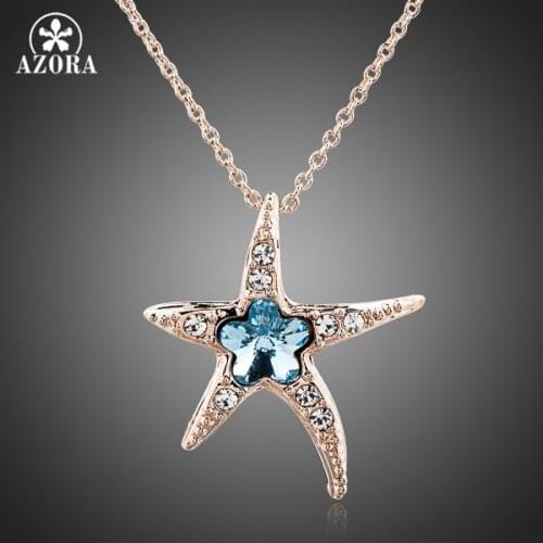 AZORA Starfish with Blue Wintersweet Rose Gold Color Stellux Austrian Crystal Pendant Necklace TN0084