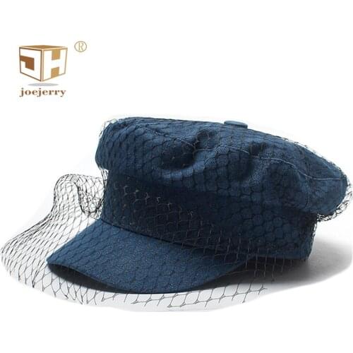 JOEJERRY Newsboy Cap Vintage Veil Hats Beret Female Navy Blue Denim Hats For Girls Party Wedding