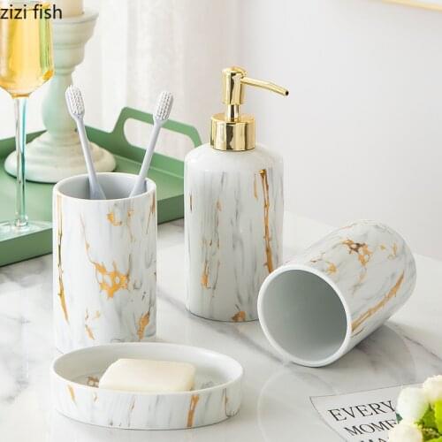 Imitation Marble Portable Soap Dispenser Soap Box Mouthwash Cup Gilded Porcelain Bathroom Accessories Set Ceramic Bath Supplies