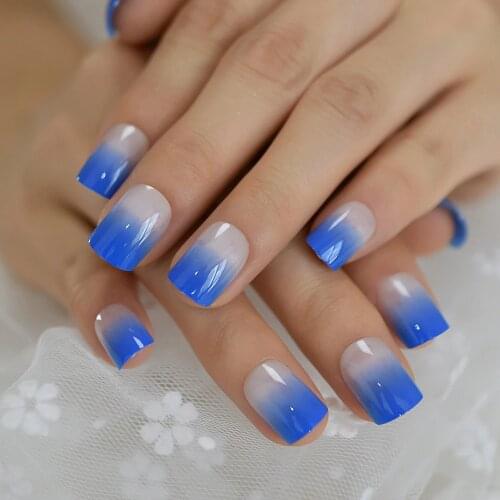Blue Mediu Designed Artificial Nails Fresh Square Glossy Full Cover Nail Art Tips Gradient French Nail Tips With Glue
