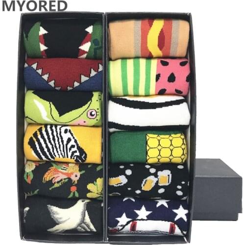 MYORED 12 pairs/Lot mens party colorful bright socks cartoon animal socks for male female Novelty Dot cotton Funny socks NO BOX