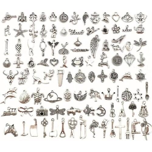 Wholesale Bulk Lots Jewelry Making Mixed Smooth Tibetan Silver Metal Charms Pendants DIY for Necklace Bracelet 100 PCS 7-25mm