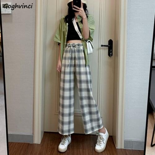 Casual Pants Women Plaid Drawstring Ankle-length Wide-leg Students Korean Style Preppy Streetwear All-match Spring Summer Chic