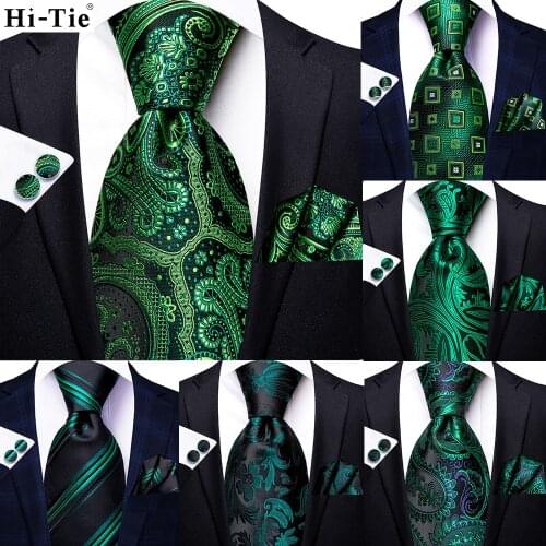 Hi-Tie Green Teal Mens Tie Floral Paisley Silk Wedding Necktie Pocket Square Set Party Business Fashion Designer Dropshipping