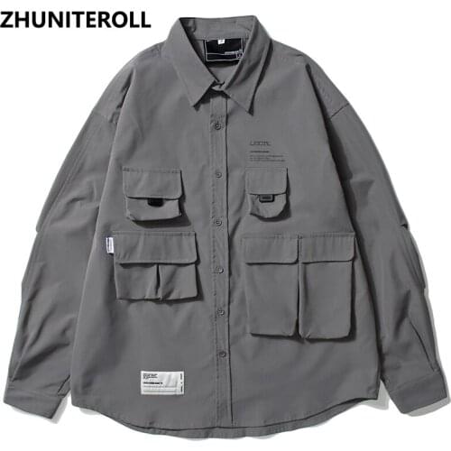 Tactical Harajuku Mens Shirts Techwear Hip Hop Button Down Multi-Pockets Longsleeve Shirt For Men Fashion Hawaiian Beach Tops