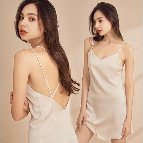Sexy Nightdress Deep V Sexy Sleepwear Women Lingerie Silk Satin Nightie Nightgown Sleeveless Sling Nightwear Home Dress