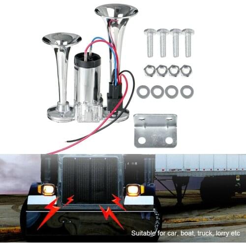Silver 600DB 12V Dual Trumpet Car Air Horn Kit Lorrys Motorcycle Speaker