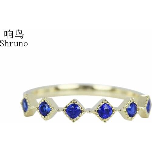 Shruno Solid 14k Yellow Gold Round 0.3ct Genuine Sapphires Wedding Engagement Ring For Women Half Eternal Band Gemstone Ring