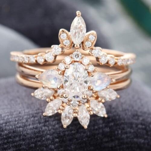 EDI Flower Crown 14K Rose Gold Bridal Wedding Set Brilliant Oval Cut Moissanites Engagement Ring Pear Shaped Marquise Cut Ring