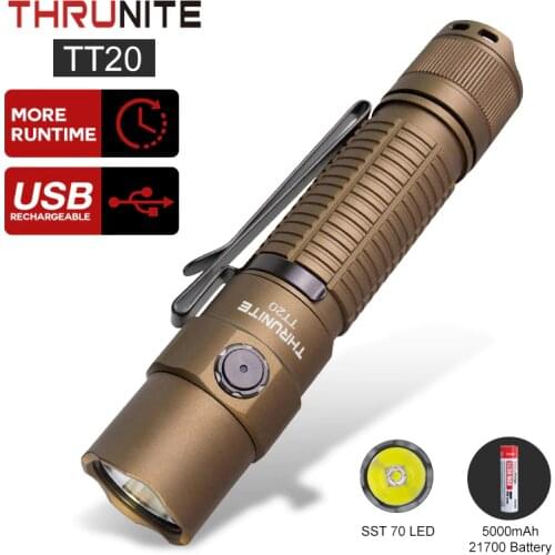 ThruNite TT20 Tan Tactical Dual-Switch Flashlight 5000mAh 21700 Battery USB C Rechargeable 2526 High Lumens Flashlight Original