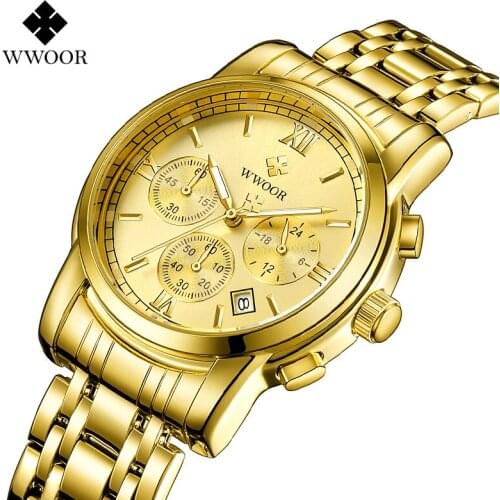 WWOOR New Mens Watch Top Brand Man Watch 2021 Chronograph Business Quartz Watch Date Luminous 50 m Waterproof Gold Wristwatches