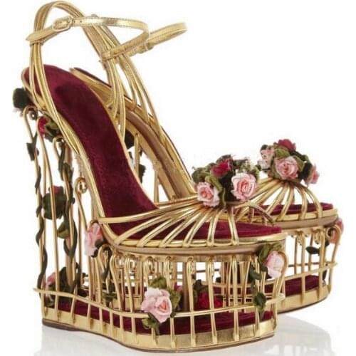 Sestito Girls Special Bird Cage Fretwork High Heels Dress Wedding Runway Shoes Ladies 3D Rose Decorated Platform Wedges Sandals
