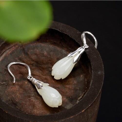 White Jade Magnolia Earrings Women Chalcedony Jewelry Fashion Gifts Charm Zircon Crystal Amulet 925 Silver Natural Gemstone