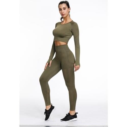 Women 2 Pcs Sports Suits Set Yoga Sets Gym Fitness Athletic Lifting Run Pants Sportswear Leggings Shirt Seamless Sports Active