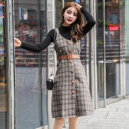 Autumn Winter Two Piece Set Overalls Dress Women New Turtleneck Sweater + Plaid Tweed Wool Knee-Length Dress with Belt Suits H89