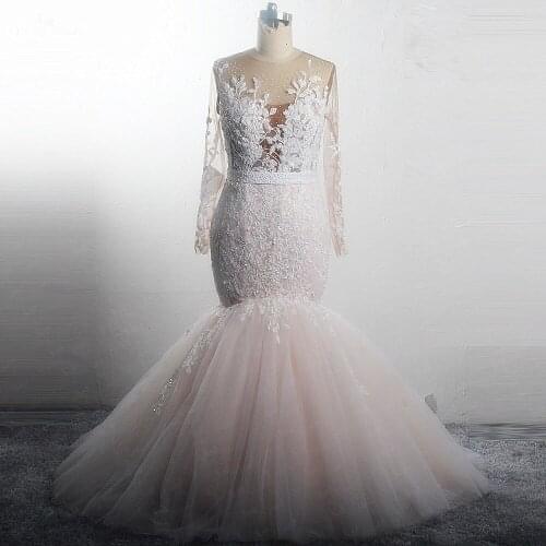 RSW1537 Illusion Top Plus Size Big Women Long Sleeve African Wedding Gowns Blush Wedding Dress Mermaid