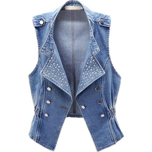 Sleeveless Vest Women Denim Jacket Slim Riveting Vintage Short Denim Vests 2020 New Spring Autumn Female Jeans Jackets Waistcoat