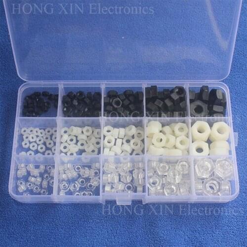1box / lot Nylon Plastic / Black / White / Clear Acrylic Hex Nut Nut Set M3M4M5M6M8