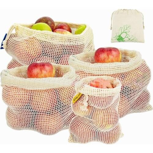 1PC Reusable Vegetable Fruit Produce Storage Bag with Drawstring Home Vegetable Cotton Mesh Bags Home Organization and Storage