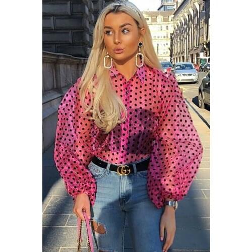 2019 Fashion Women Summer Sexy Perspective Polka Dot Shirt Blouse Tops Fashion Ladies Long Puff Sleeve See-through Blouses
