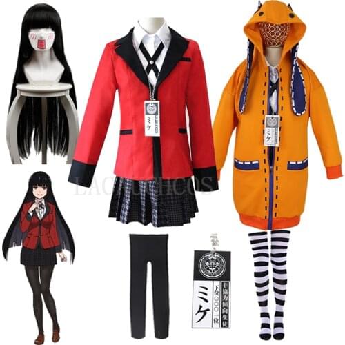 Lacauch Anime Yomozuki Runa Cosplay Costume Jabami Yumeko Full Set Red Orange Hoodie Shirt Skirt Stocking Tie with Ears Badge