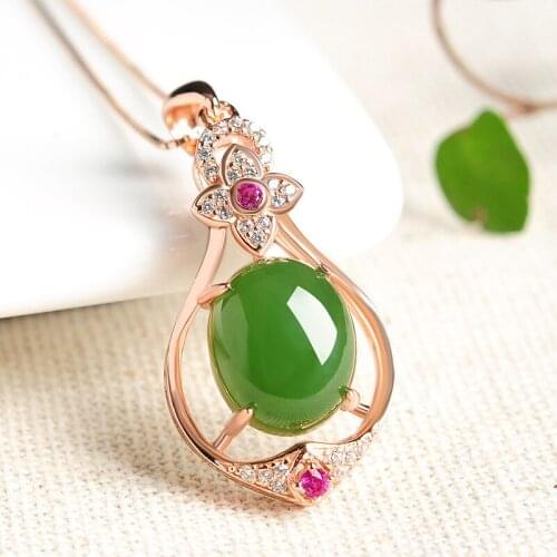 Bague Ringen Sterling Silver 925 Necklaces For Women with oval shape green Jade Pendant Fashion Weddings woman party Gift