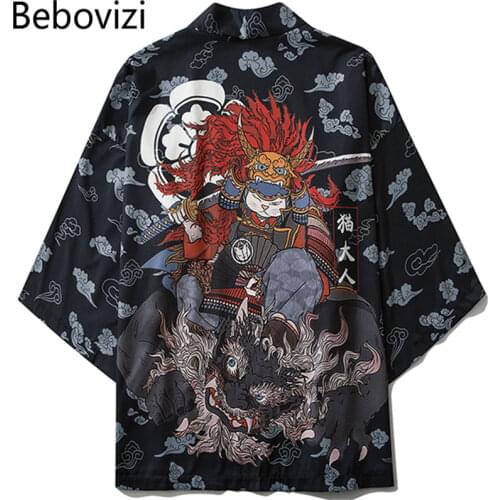 Bebovizi Japanese Style Cat Samurai Kimono Streetwear Men Women Cardigan Japan Harajuku Anime Robe Anime Clothes 2020 Summer