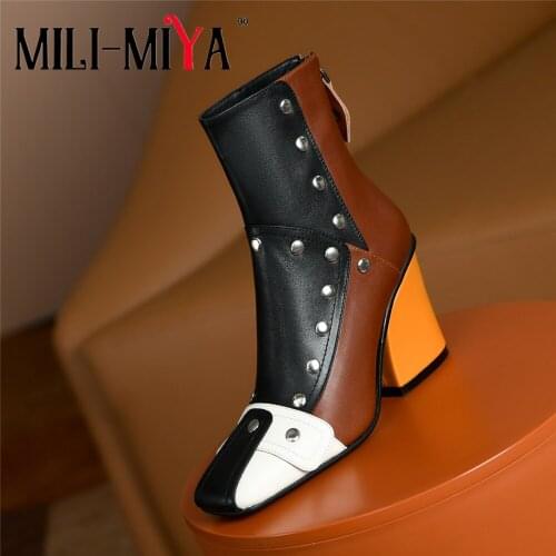 MILI-MIYA Fashion Design Rivet Women Cow Leather Ankle Boots Mixed Color Thick Heels Round Toe Zippers Handmade For Ladies