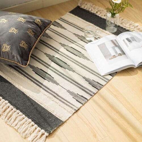 Cotton Thread Handmade Weave Modern Simple White Black Geometric Artistic Tufting Carpet Kitchen Door Floor Bedding Mat