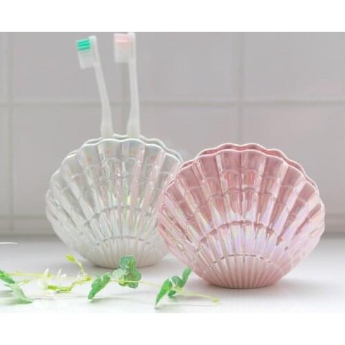Ceramic toothbrush holder Electric toothbrush base Toothpaste tube Ocean style Scallop Milky Pink Bathroom supplies Girl gift