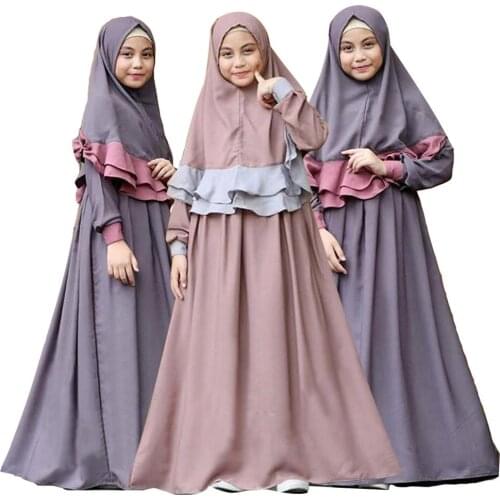 Two Piece Set Muslim Girls Dress Long Hijab Abaya Islamic Kaftan Clothing Arab Prayer Maxi Dress Burqa Khimar Jilbab Robe Gown