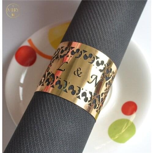 Laser cut wedding napkin rings with customized names metallic paper wedding table decorations