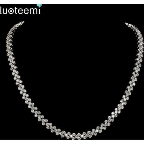 LUOTEEMI Brand Luxury 3Rows 2.75mm Rome AAA Cubic Zirconia Bridal Choker Necklace for Women Fashion Bridal Wedding Jewelry