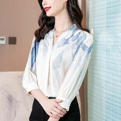Fashion Womens Shirt Silk Blouses for Women Floral Printed Shirt Women Blouses Summer 2021 White V-neck Tops Female Basic Shirt