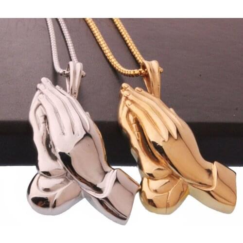 Stainless Steel Double Hands Prayer Pendant Necklace Hip Hop Link Chain Necklace For Men