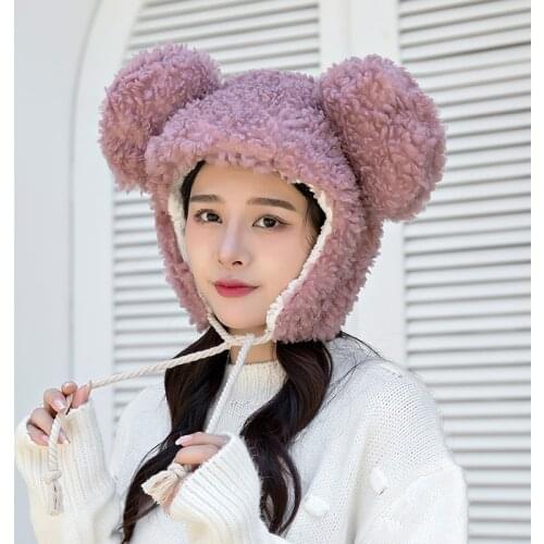 2021 New Fashion Solid Beanies Women Winter Cute Bear Ears Warm Hat Windproof Cap Student Women Add Wool Cap Female Hat Present