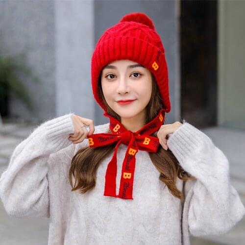 New Autumn and Winter Hat Women Korean Fashion Bow Tie English Knitted Hat Warm Hair Ball Mother Ear Cap Wholesale Drop Shipping